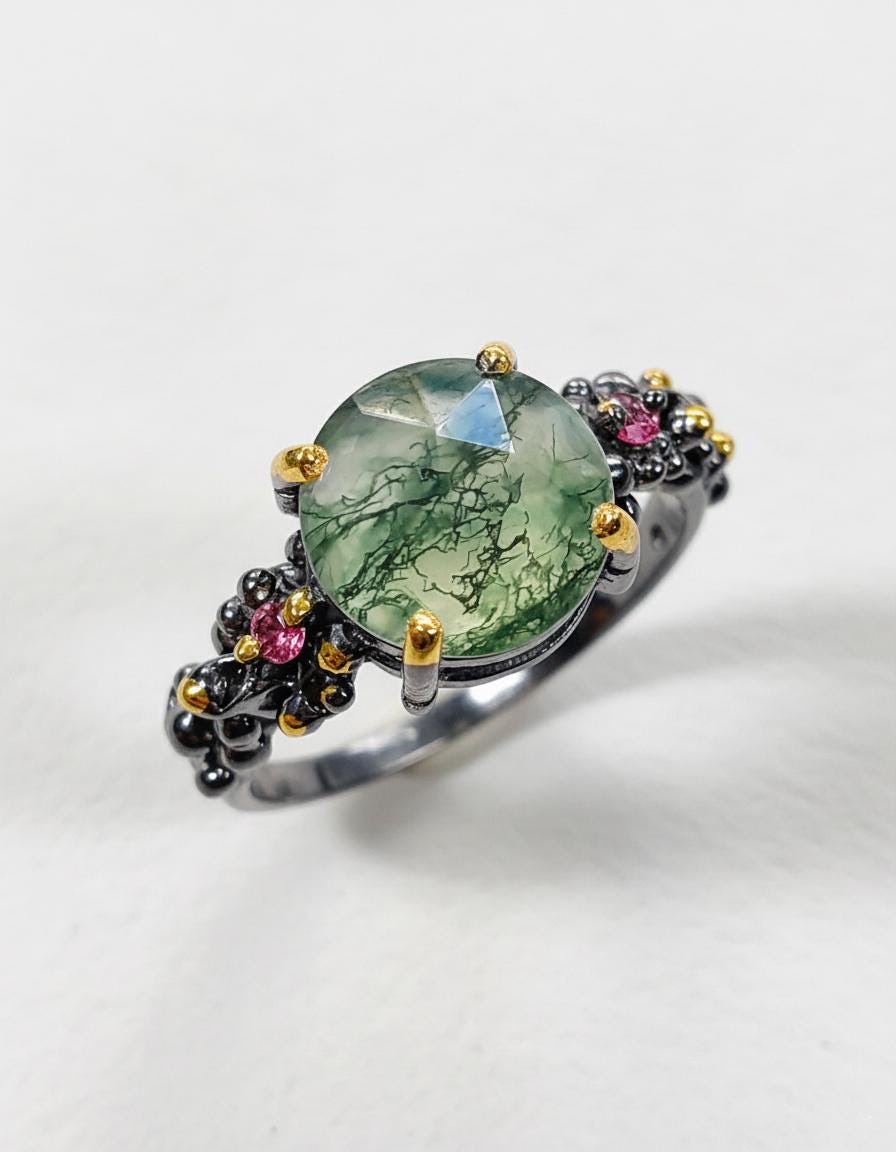 925 Sterling Silver Moss Agate Round Ring