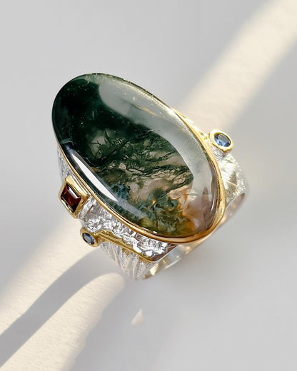 925 Sterling Silver Moss Agate Wide Band Ring