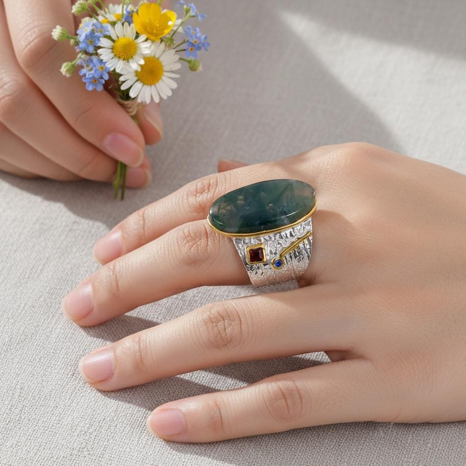 925 Sterling Silver Moss Agate Wide Band Ring