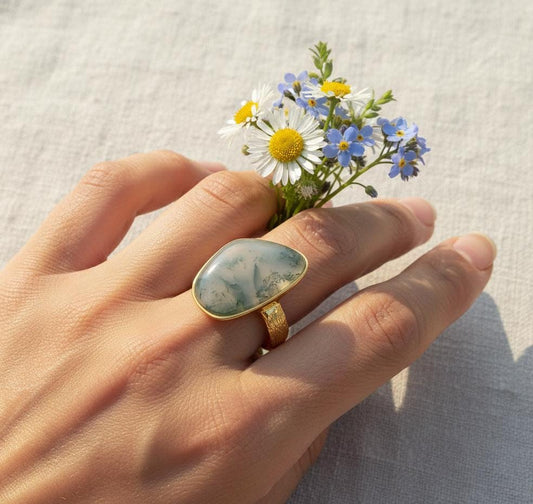 925 Sterling Silver Moss Agate Statement Ring