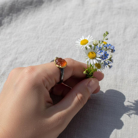 925 Sterling Silver Raw Garnet Organic Ring