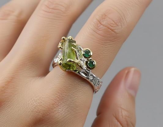 925 sterling silver raw green tourmaline ring