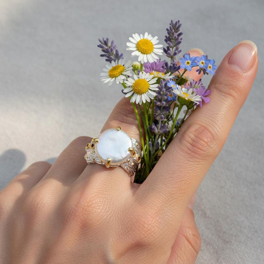 925 Sterling Silver Baroque Pearl Wide Ring