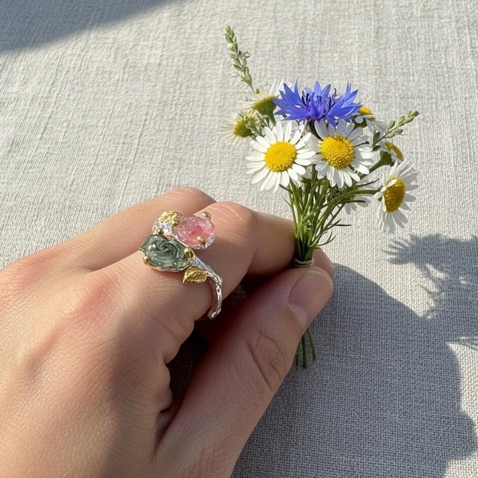 925 Sterling Silver Pink Green Tourmaline Ring, close-up detail