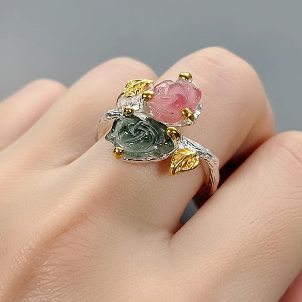 925 Sterling Silver Pink Green Tourmaline Ring, worn on hand