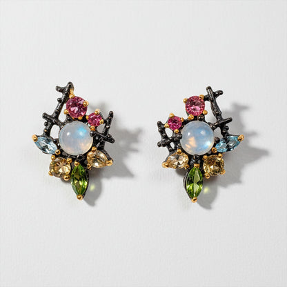 925 Sterling Silver  Moonstone Gemstone Cluster Earrings