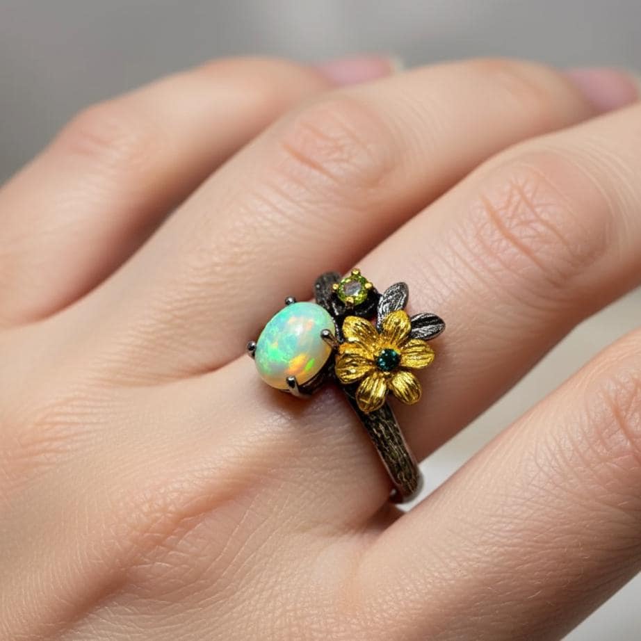 925 Sterling Silver Fire Opal Flower Ring