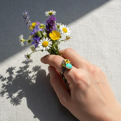 925 Sterling Silver Fire Opal Flower Ring