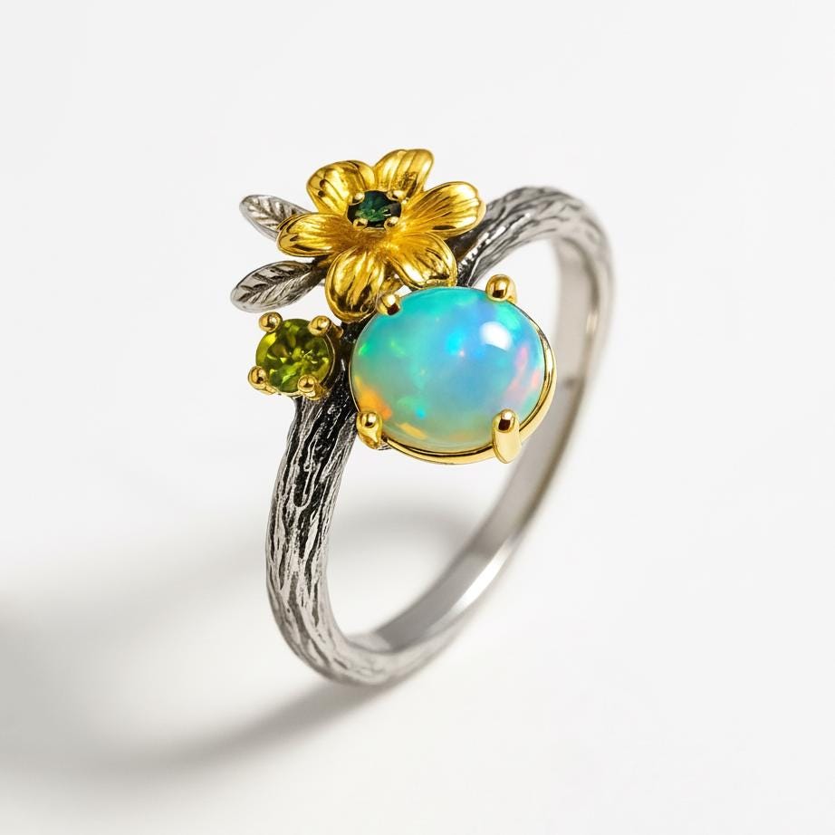 925 Sterling Silver Fire Opal Flower Ring