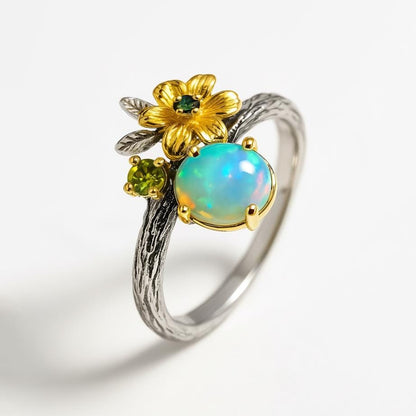 925 Sterling Silver Fire Opal Flower Ring
