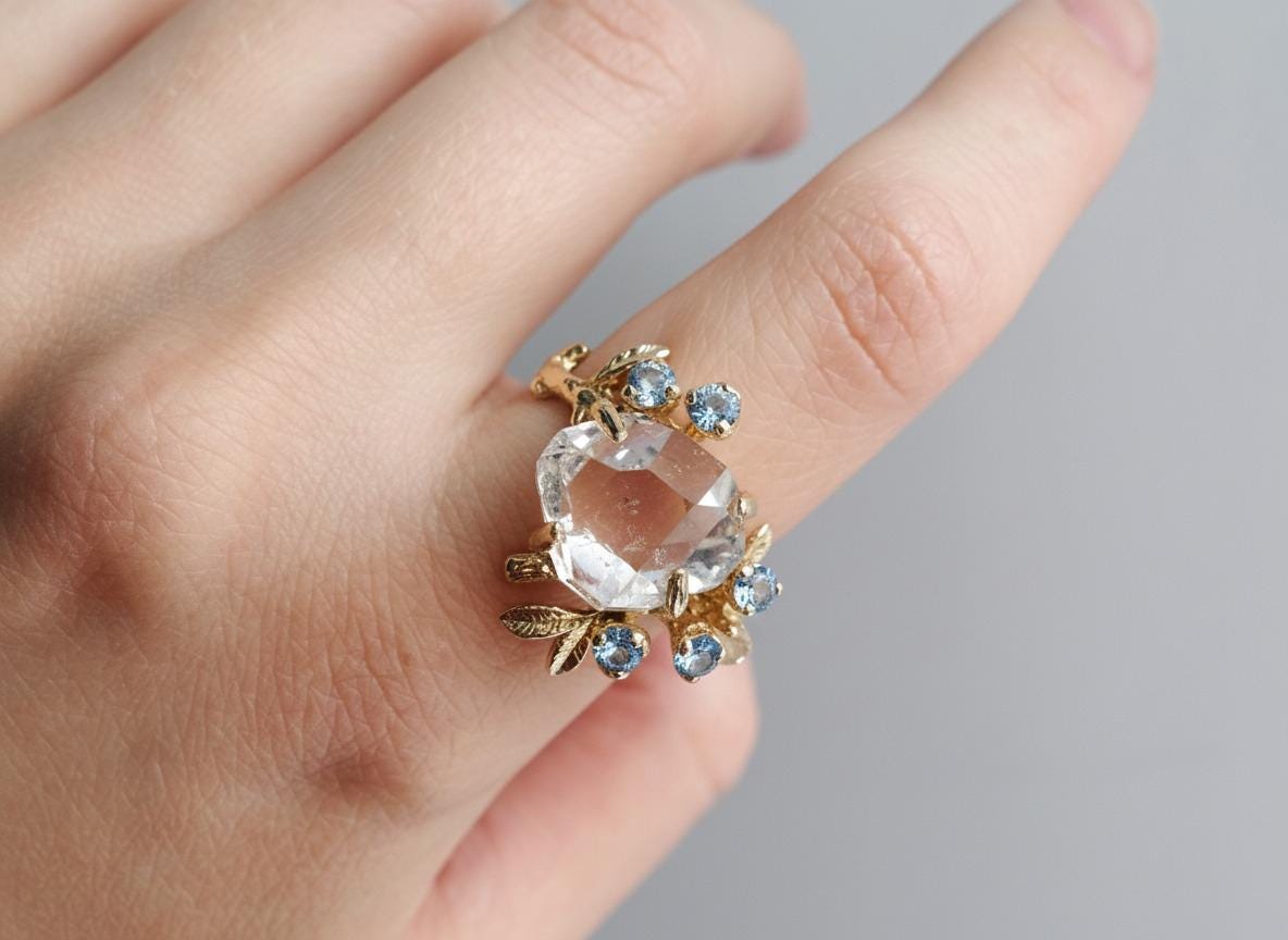 925 sterling silver raw herkimer diamond nature ring