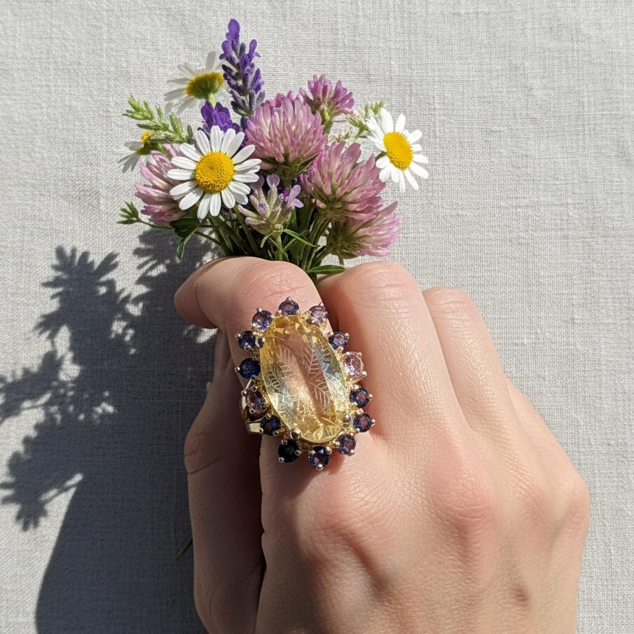 925 Sterling Silver Citrine Halo Ring