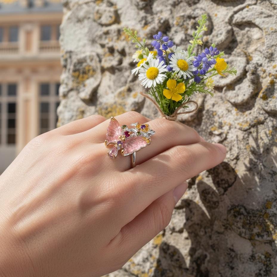 925 Sterling Silver Tourmaline Butterfly Ring