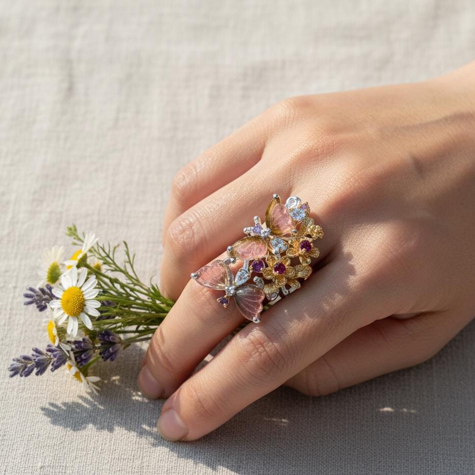 925 Sterling Silver Tourmaline Butterfly Wings Ring