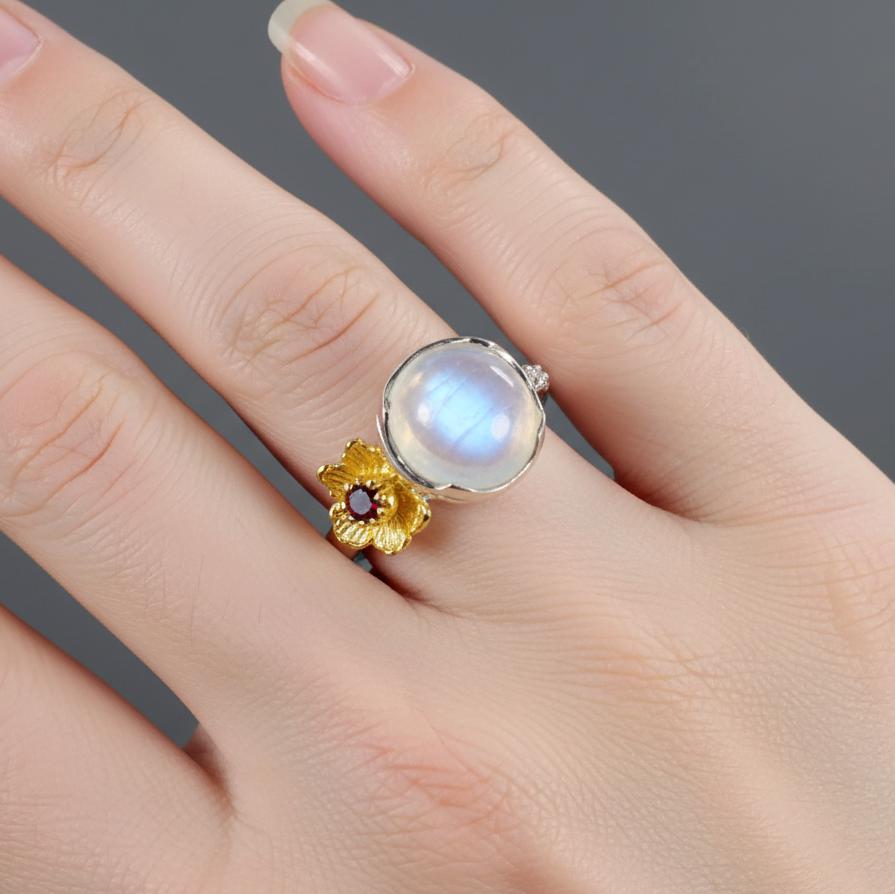 925 Sterling Silver Rainbow Moonstone Branch Ring