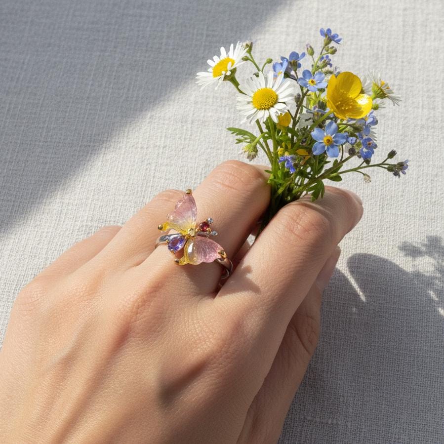 925 Sterling Silver Bicolor Tourmaline Butterfly Ring