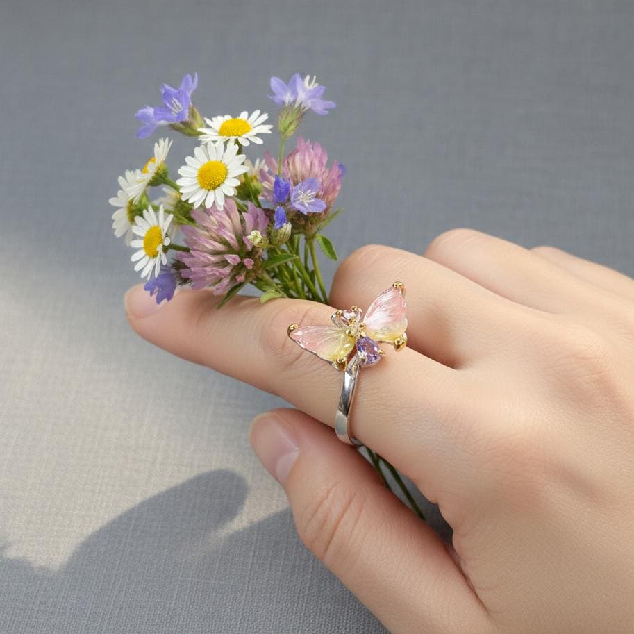 925 Sterling Silver Bicolor Tourmaline Butterfly Ring