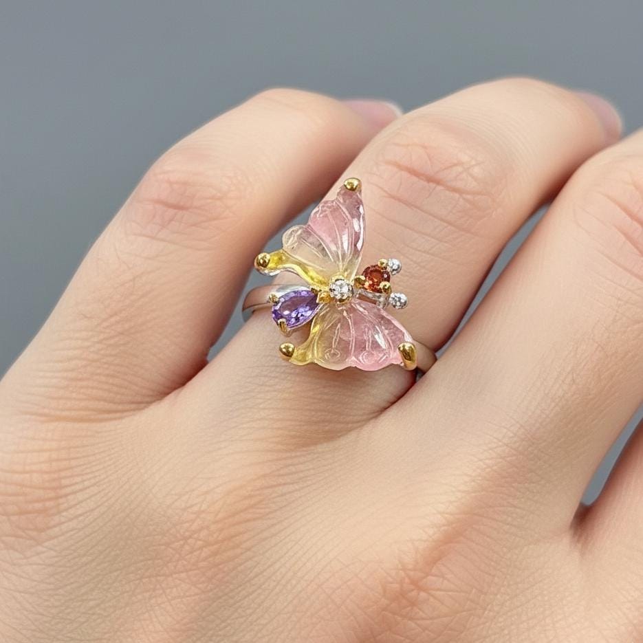 925 Sterling Silver Bicolor Tourmaline Butterfly Ring