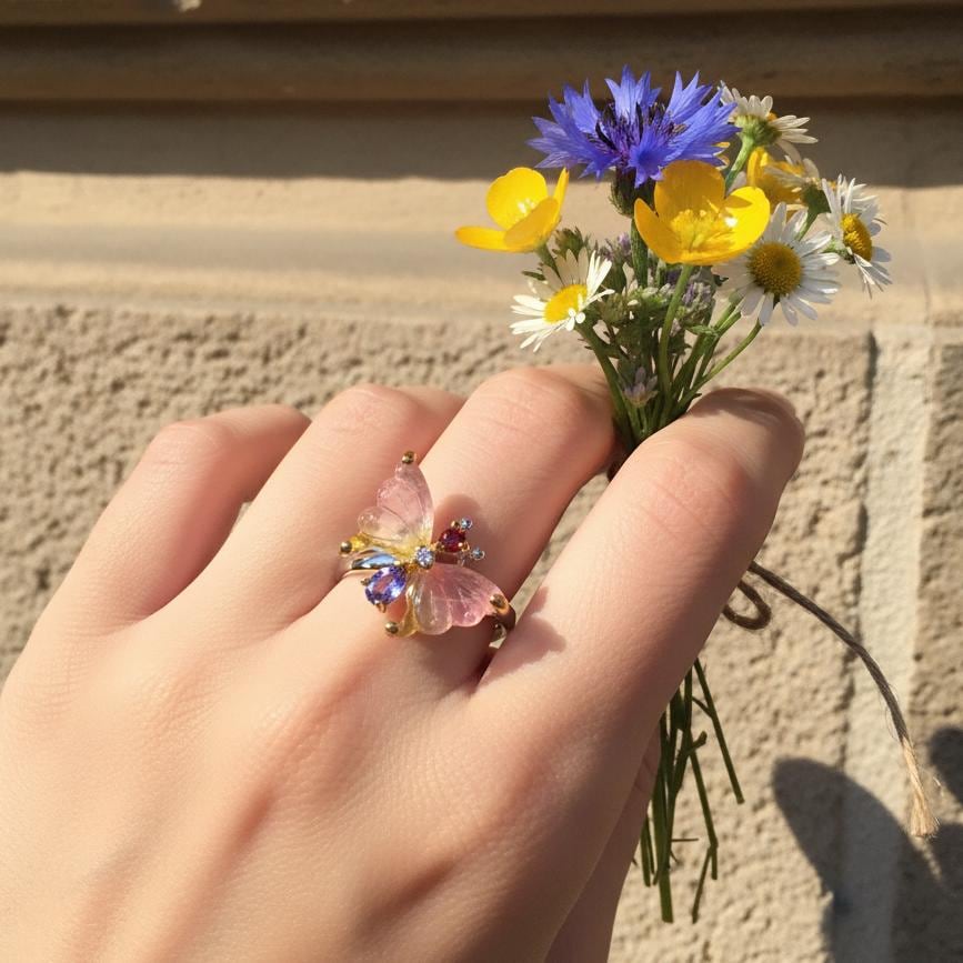 925 Sterling Silver Bicolor Tourmaline Butterfly Ring