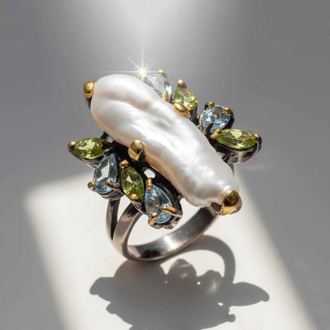925 Sterling Silver Baroque Pearl Pencil Ring