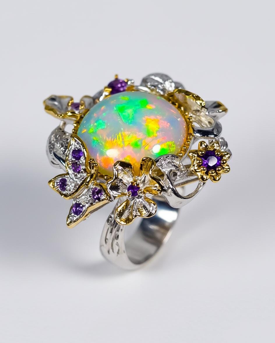 925 Sterling Silver Genuine Opal Statement Ring