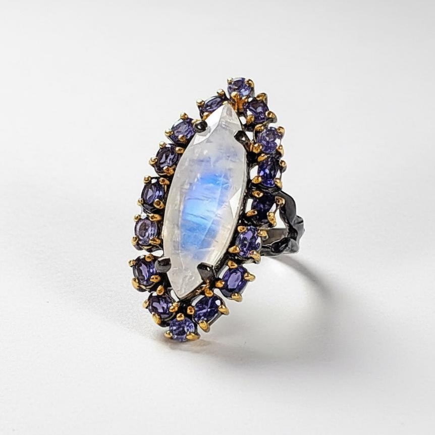 925 Sterling Silver Rainbow Moonstone Marquise Ring