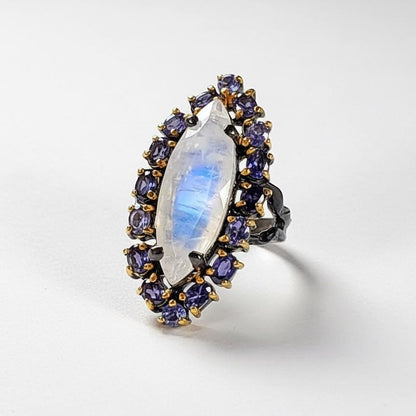 925 Sterling Silver Rainbow Moonstone Marquise Ring