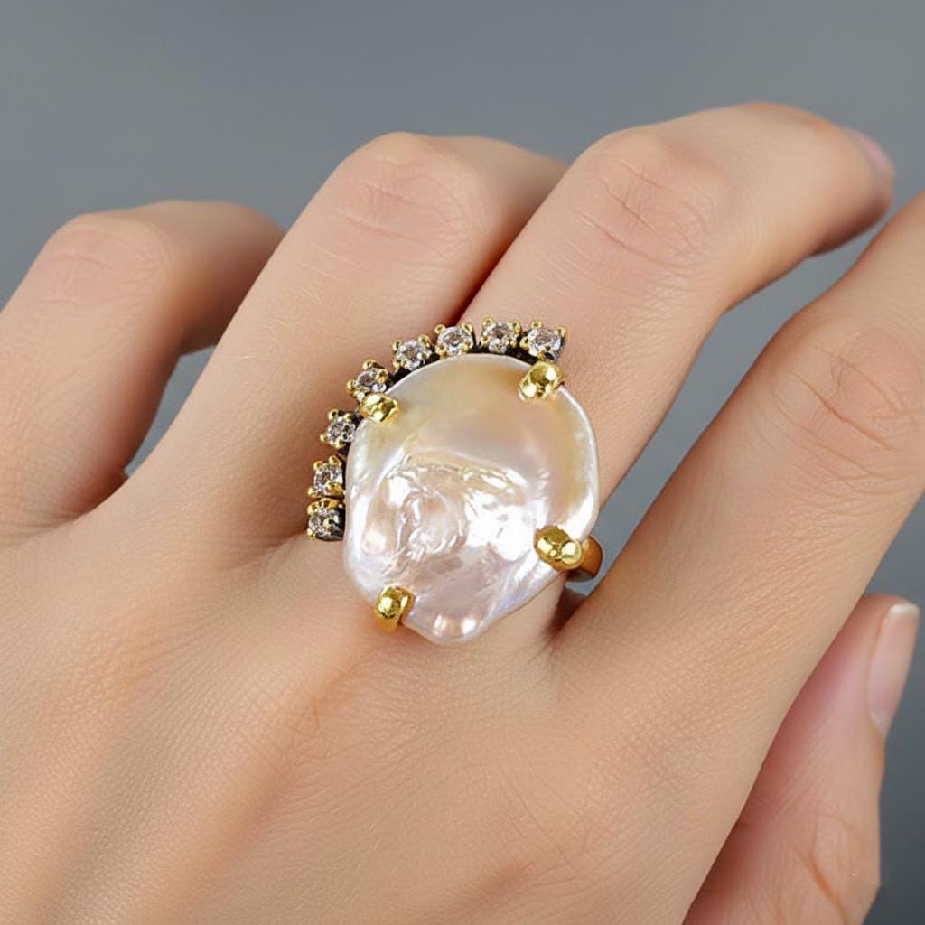 925 Sterling Silver Baroque Pearl Statement Ring