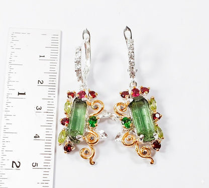 925 Sterling Silver Raw Tourmaline Dangle Earrings