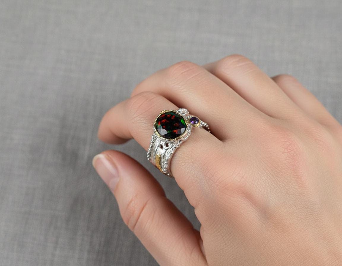 925 Sterling Silver Black Opal Wide Band Ring