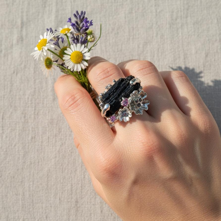 925 Sterling Silver Raw Black Tourmaline Flower Ring