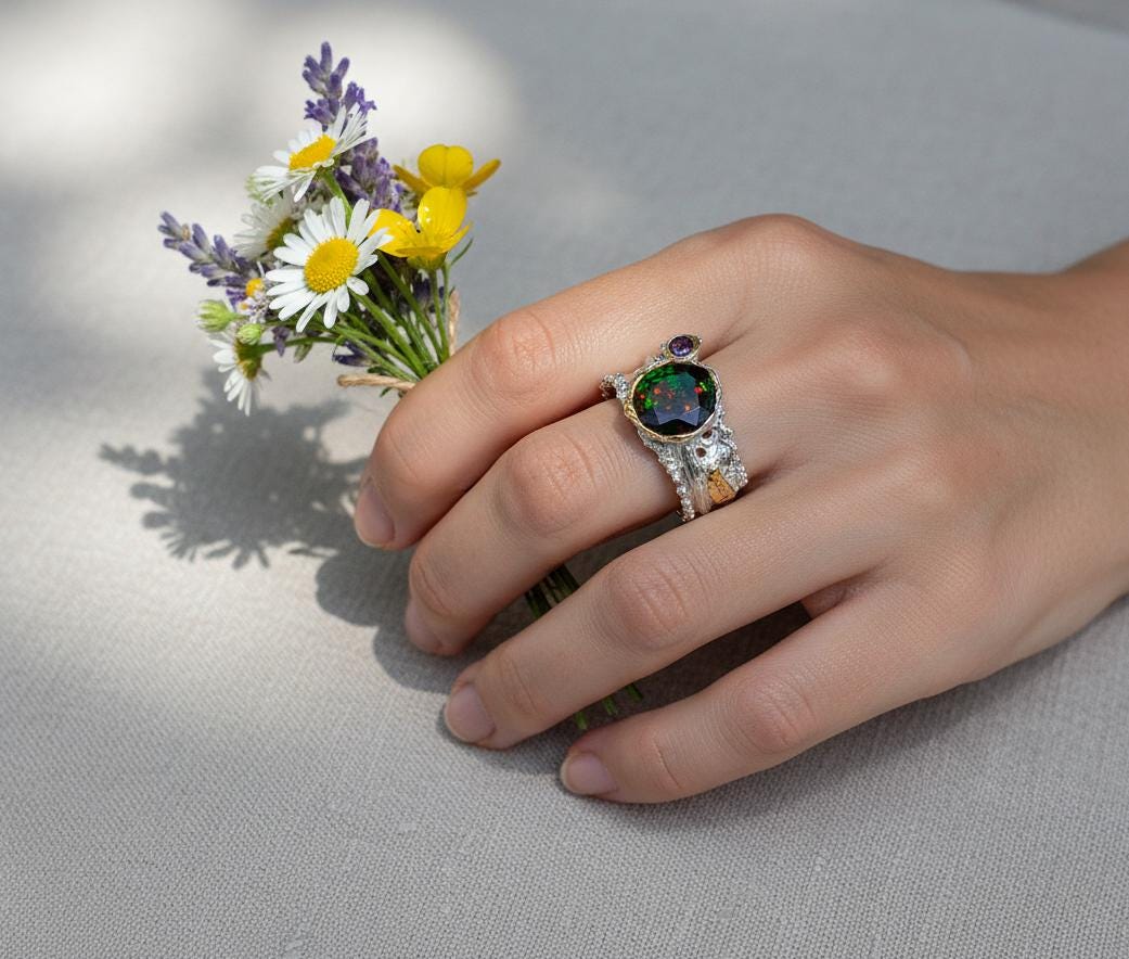 925 Sterling Silver Black Opal Wide Band Ring