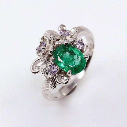 14K Solid Gold Emerald Flower Promise Ring