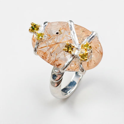 925 Sterling Silver Angel Hair Quartz Statement Ring