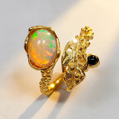 925 Sterling Silver Fire Opal Leaf Ring