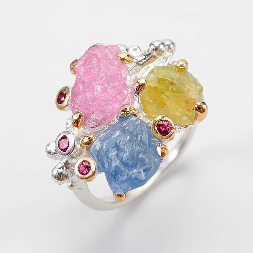 925 sterling silver raw sapphire ruby peridot ring