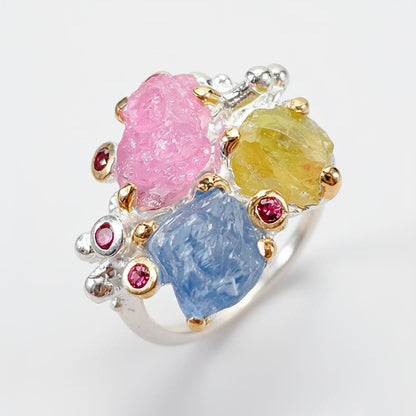 925 sterling silver raw sapphire ruby peridot ring