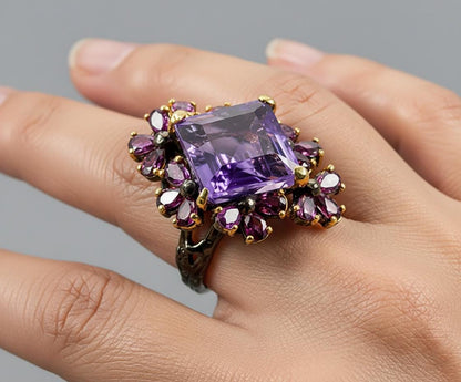 925 Sterling Silver Amethyst Chunky Ring