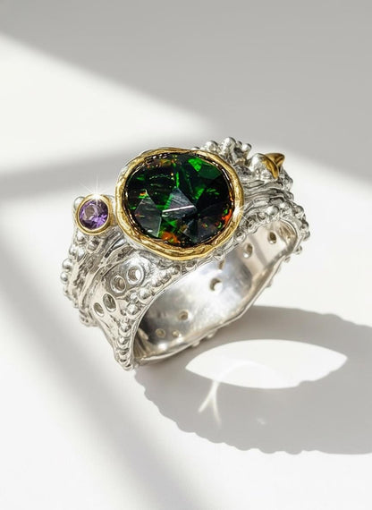 925 Sterling Silver Black Opal Wide Band Ring