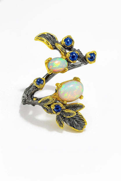 925 sterling silver fire opal black branch ring