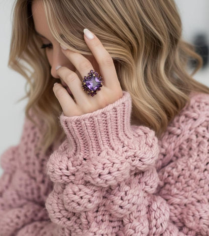 925 Sterling Silver Amethyst Chunky Ring