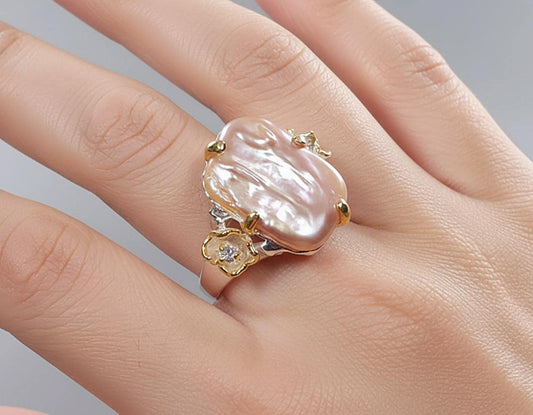 925 Sterling Silver Baroque Pearl Flower Ring