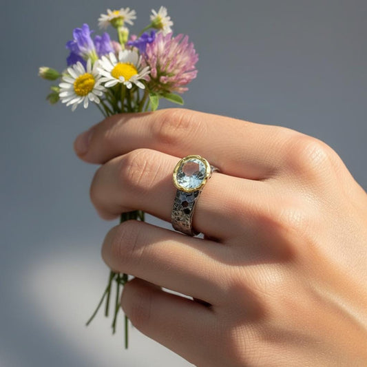 925 Sterling Silver Aquamarine Wide Band Ring