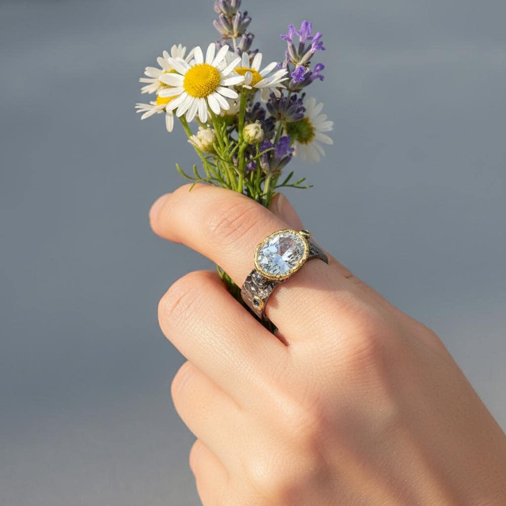 925 Sterling Silver Aquamarine Ring, worn on hand