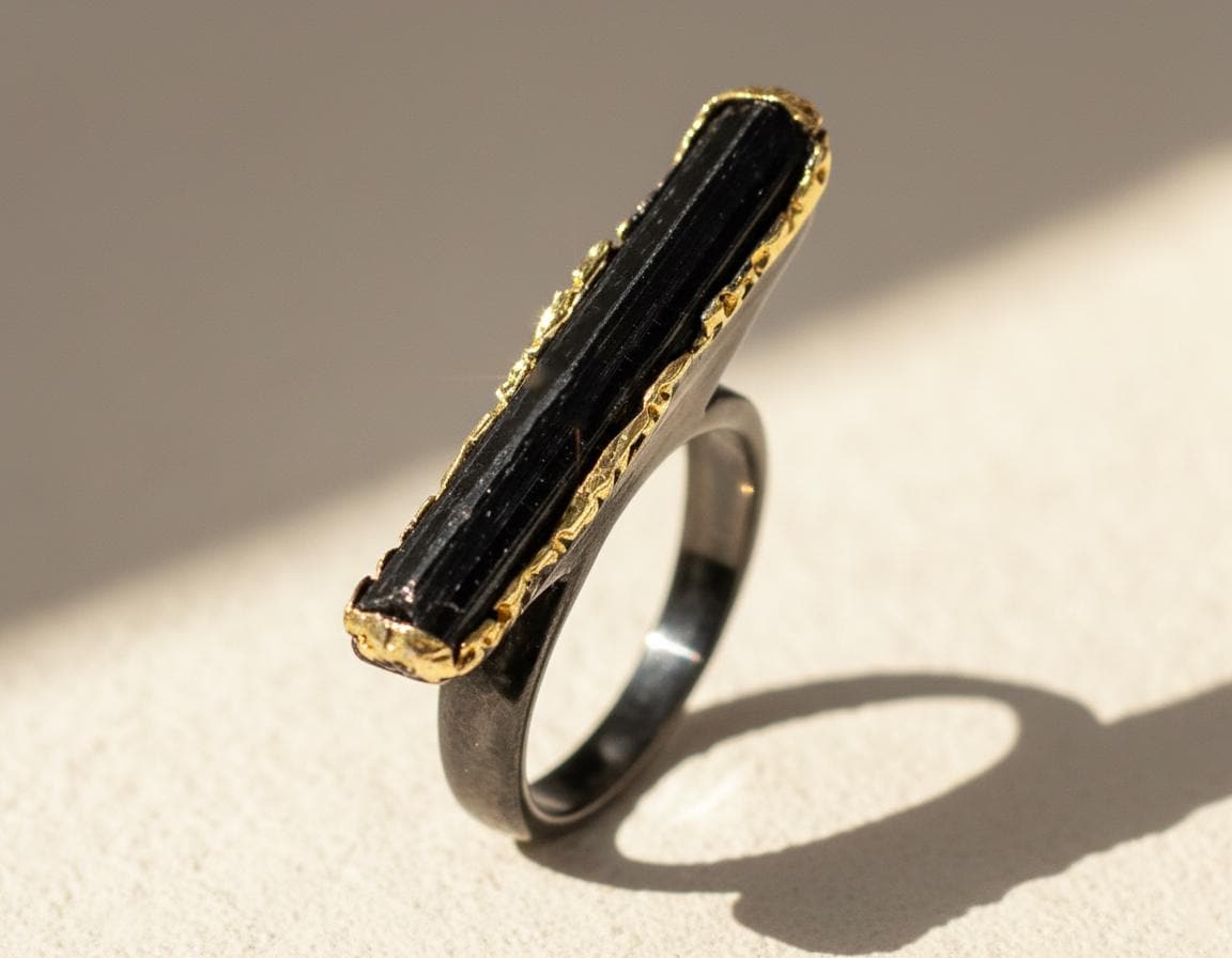925 Sterling Silver Black Tourmaline Pencil Ring