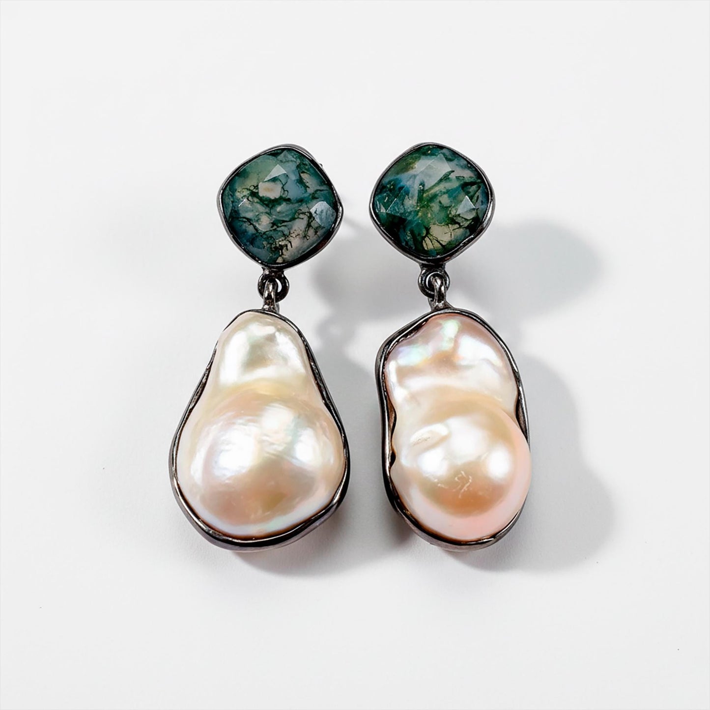 925 Sterling Silver Pearl Moss Agate Statement Earrings