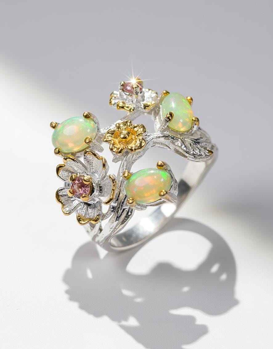 925 Sterling Silver Fire Opal Ring, close-up detail