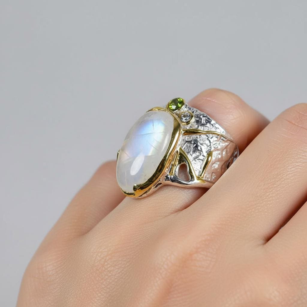 925 Sterling Silver Rainbow Moonstone Wide Band Ring