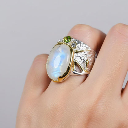 925 Sterling Silver Rainbow Moonstone Wide Band Ring