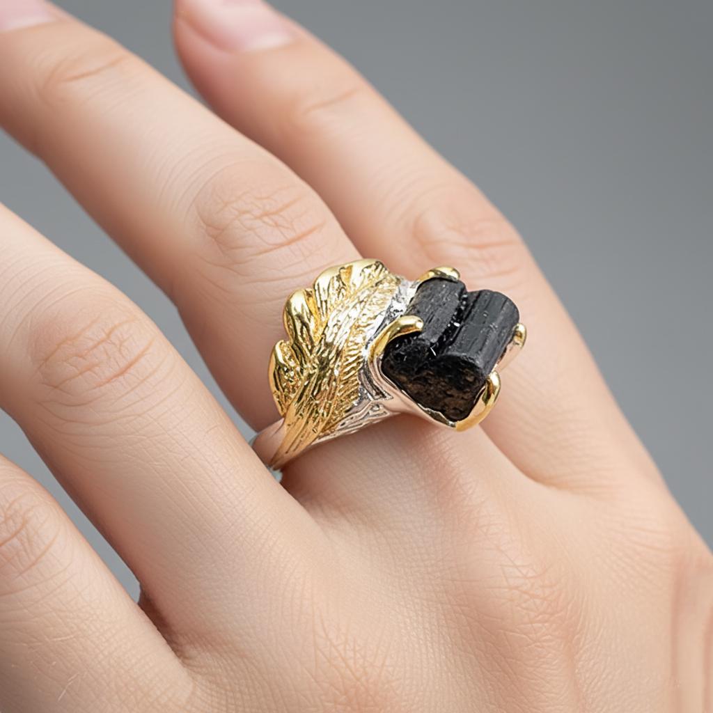 925 sterling silver black tourmaline leaf ring